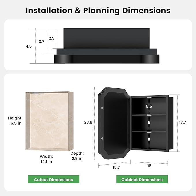 SogesHome Recessed Bathroom Mirror Medicine Cabinet with Storage, 15.7 x 23.6 Inch Wall Mounted Modern Octagon Vanity Organizer with Shelves, Space-Saving Elegant Bathroom Storage, Black