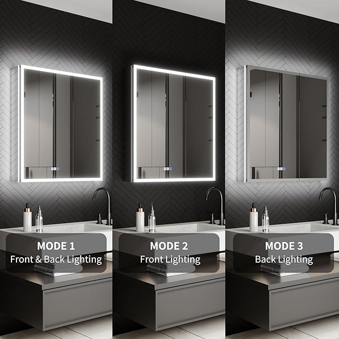 ExBrite 30 x 32 Lighted Medicine Cabinet with Mirror, Front&Backlit led Medicine Cabinet,Defog,5X Magnifier,3 Colors Temper Dimmable,Surface or Recessed Mount,Door Wide Open
