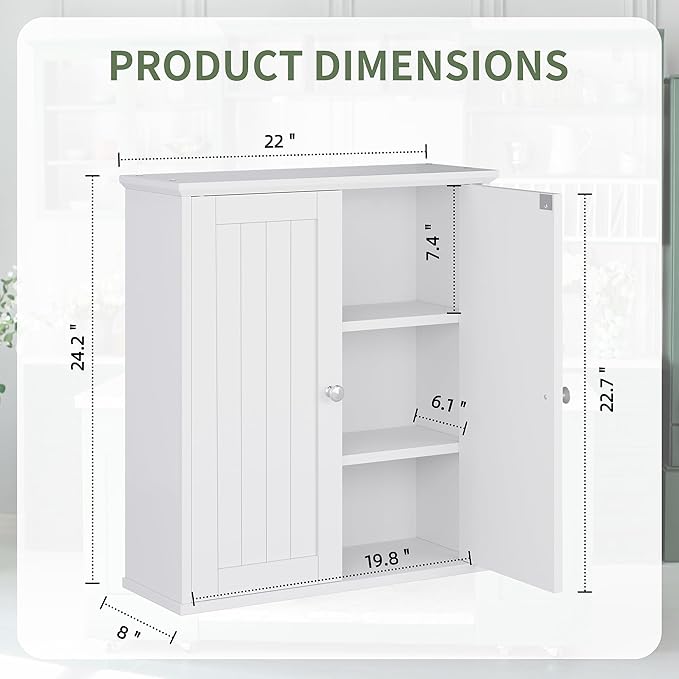 Meilocar Bathroom Wall Cabinet, Bathroom Cabinet Wall Mount, Over The Toilet Space Saver Storage Cabinets, White Medicine Cabinets with 2 Doors