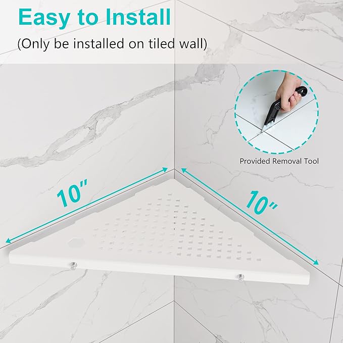 Qeke 10" Bathroom Corner Shelf, 2 Pack Recessed Shower Shelf Caddy, SUS304 Stainless Steel Shelf Wall Mount Triangular, No Drilling Matte White