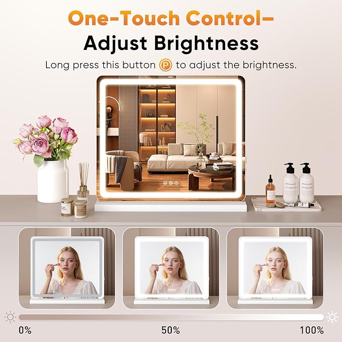 OLIXIS 19"x22" Lighted Vanity Mirror with Lights, Dimmable 3 Color Modes Makeup Mirror with Memory Function, USB Charging, Aluminum Frame, Lighted Mirror for Desk or Bedroom