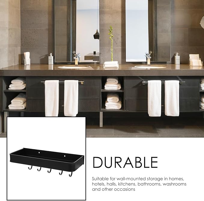 Wall-Mounted Aluminum Bathroom Shelf with Hooks, 30cm Floating Wall Holder Storage Rack for Bathroom Accessories and Toiletries