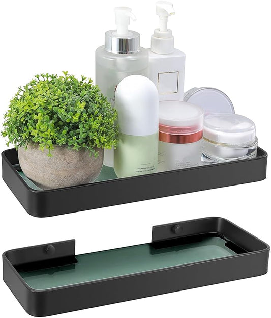 Z metnal Small Glass Bathroom Shelves, Matte Black Floating Shelf, Mini Wall Mounted Shelf (Dark Glass, 11.8 inch/30cm)
