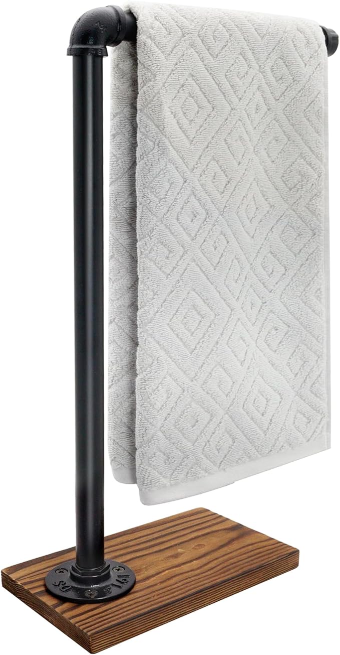 13'' Hand Towel Holder, L Shaped Towel Holder Stand with Weighted Base, Black Hand Towel Stand for Bathroom Kitchen Countertop