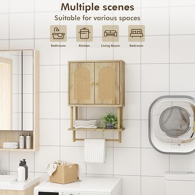 RUSTOWN Rattan Bathroom Wall Cabinet, Modern Boho Medicine Cabinet with Two Arched Rattan Doors, Over The Toilet Storage Cabinet with Adjustable Shelf and Towel Bar for Bathroom (Natural, Small)