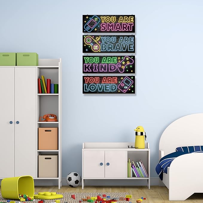YLOLUL 4 Pieces Neon Gaming Decor for Boys Room Wooden Video Game Wall Art Print 15.7 X 5.1 Inch Motivational Quote Gamer Hanging Plaques Wall Decor for Boys Kids Room Bedroom Playroom Decorations