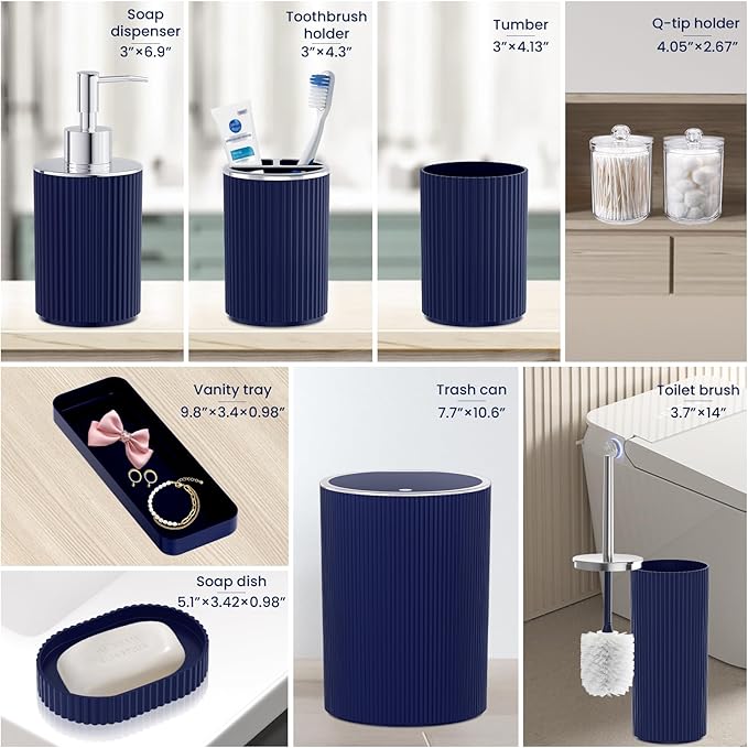 Navy Blue Bathroom Accessories Set, 10PC Bathroom Set, Bath Accessory with Pop Up Trash Can, Soap Dispenser, Toilet Brush, Toothbrush Set Qtip Holders & Tray