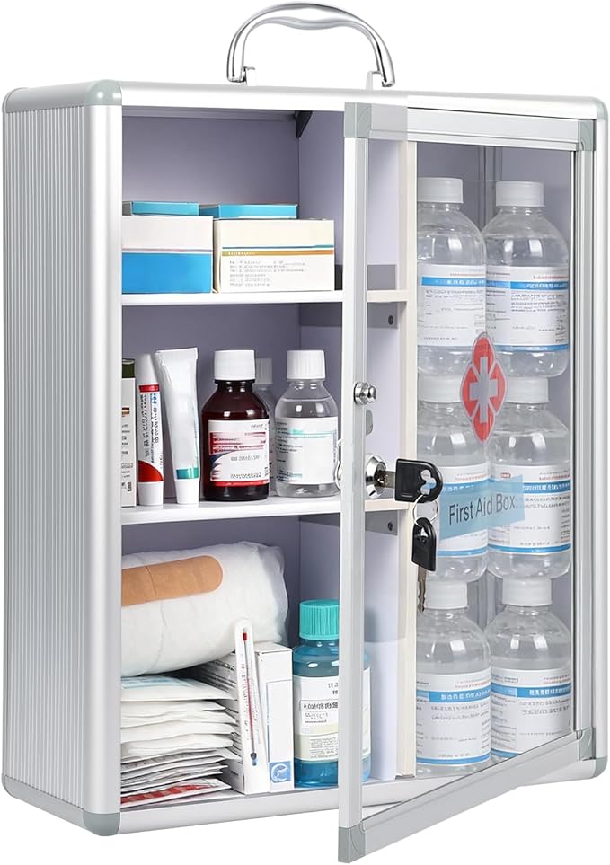 Garvee Large Lockable Medicine Cabinet with Handle,Protable First Aid Cabinet Wall Mount with Sticker for Bathroom,13.78"×5.51"×16.53",Sliver