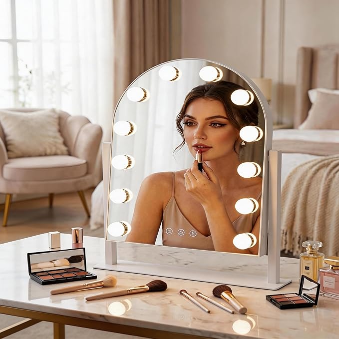 Arched Makeup Vanity Mirror with Lights LED Makeup Mirror Detachable 10X Magnification, Hollywood Make Up Mirror with Lighting, Smart Touch, Rechargeable,360° Rotation, White 18.5"x 14.17"