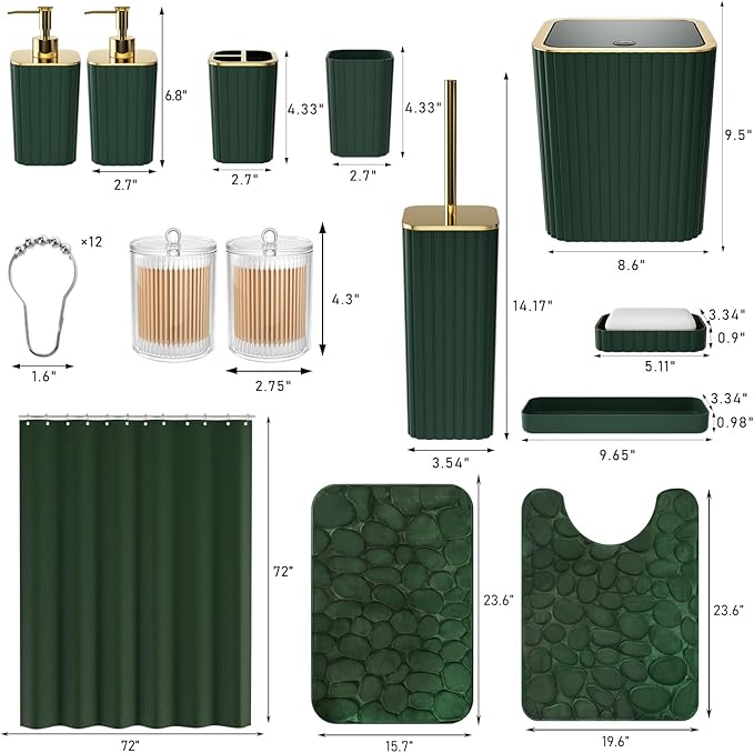 XLHOMO Bathroom Accessory Set - 25PC Green Bathroom Sets, Bathroom Set with Shower Curtain and Rugs, Dark Green Shower Curtain Set, Trash Can, Qtip Holder & Soap Dispenser