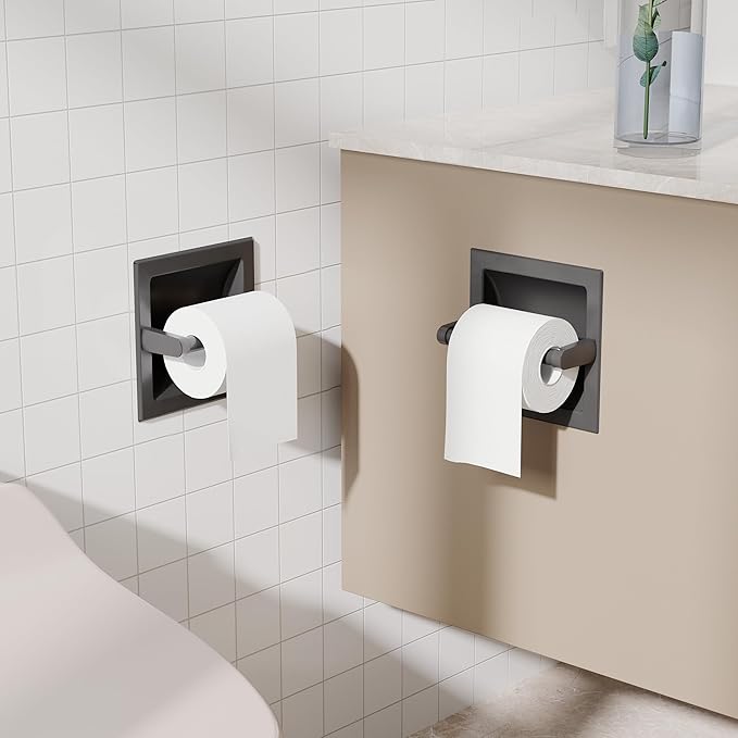 Toilet Paper Holder 2 Pack, Recessed Pivoting Toilet Paper Holder Wall Mount Stainless Steel for Large Rolls in Bathroom (Matte Black)
