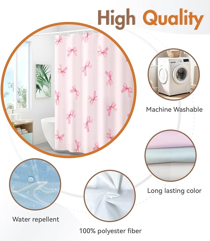 MAMUSE Shower Curtain for Bathroom - Cute Aesthetic Decorative Modern Girly Unique Girls Design Pretty Women Waterproof Fabric Cloth Cortinas de Baño Bathtub 72 x 72 Inch, Pink Bow