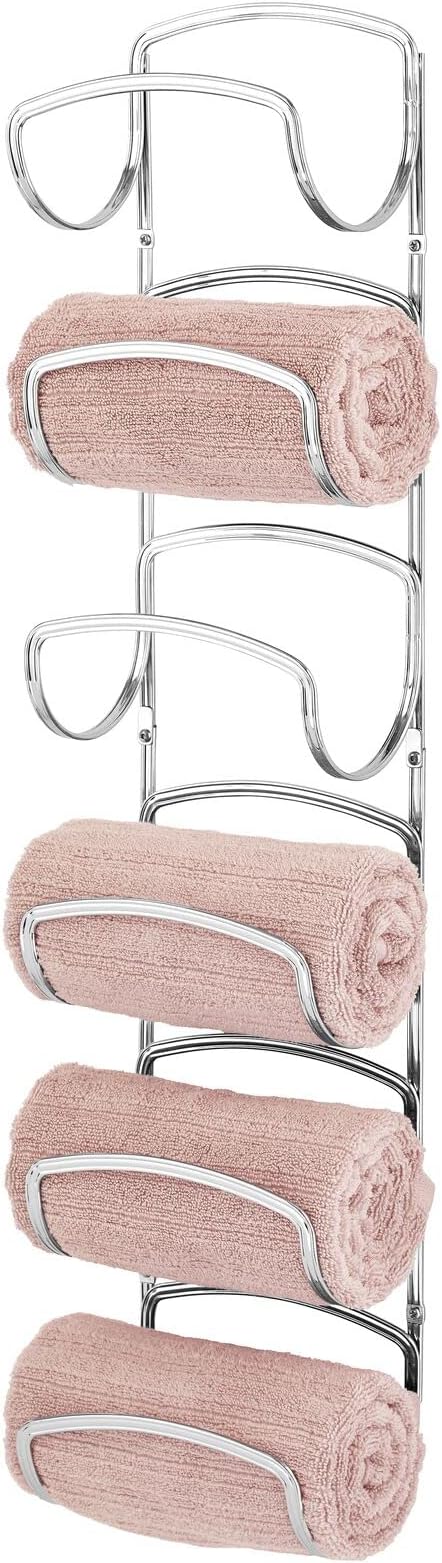 mDesign Metal Towel Shelves – Towel Rack for the Bathroom with 6 Compartments – Practical Bathroom Accessories for Both Large and Small Towels – Silver