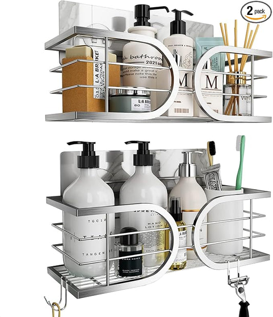 Shower Caddy No Drill Wall Mounted 304 Stainless Steel Durable Large Capacity Adhesive Shower Rack Organiser Quick Dry Rustproof Bathroom Storage Shelves - 2 Pack (Silver)