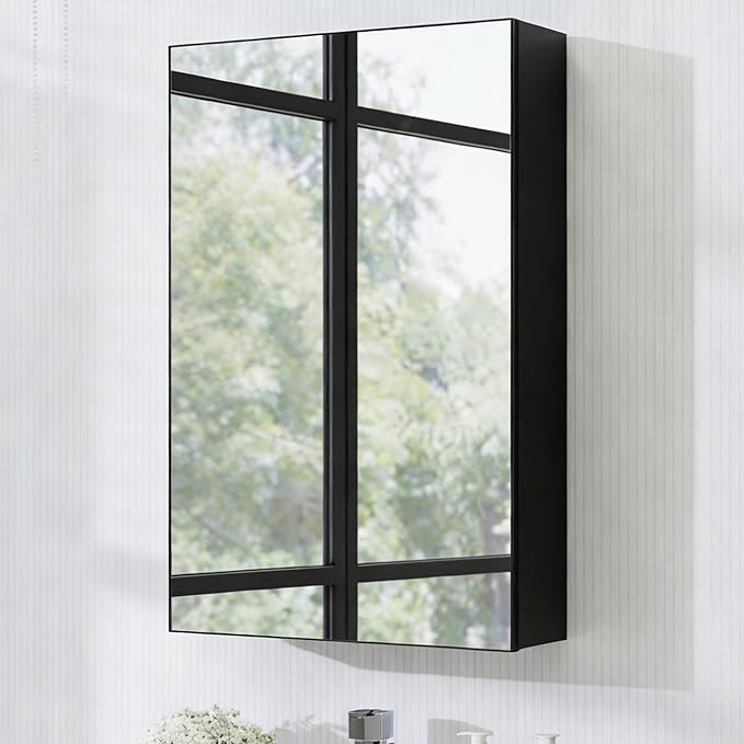 Panana Wall Mounted Bathroom Medicine Cabinet with Mirror, Single Mirrored Door, Adjustable Storage Shelves, Bathroom Wall Storage Organizer (Black, 15.7x23.6 inch)