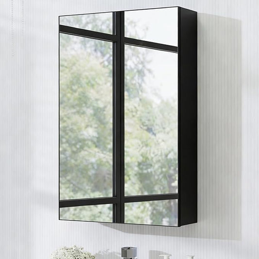 Panana Wall Mounted Bathroom Medicine Cabinet with Mirror, Single Mirrored Door, Adjustable Storage Shelves, Bathroom Wall Storage Organizer (Black, 15.7x23.6 inch)