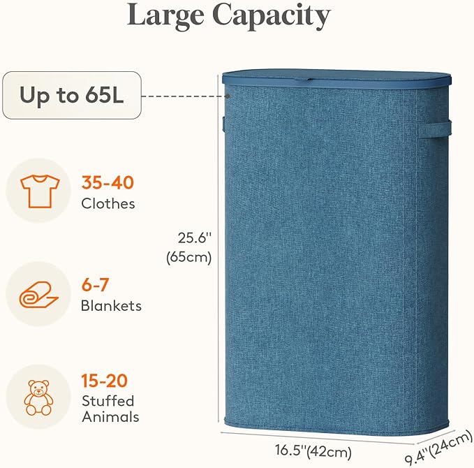 Lifewit 65L Slim Laundry Basket with Lid, Narrow Large Laundry Hamper with Plastic Handles and Removable Bag, Tall Foldable Dirty Clothes Hampers for Laundry Room, Bedroom, Bathroom, Dorm, Dark Blue