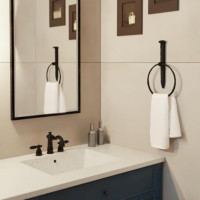 Rustic State Fred Wall Mount Railroad Spike Industrial Design Cast Iron Towel Ring with Hammered Effect Texture for Bathroom and Kitchen - Hand Towel Holder Hanger Rack - Black