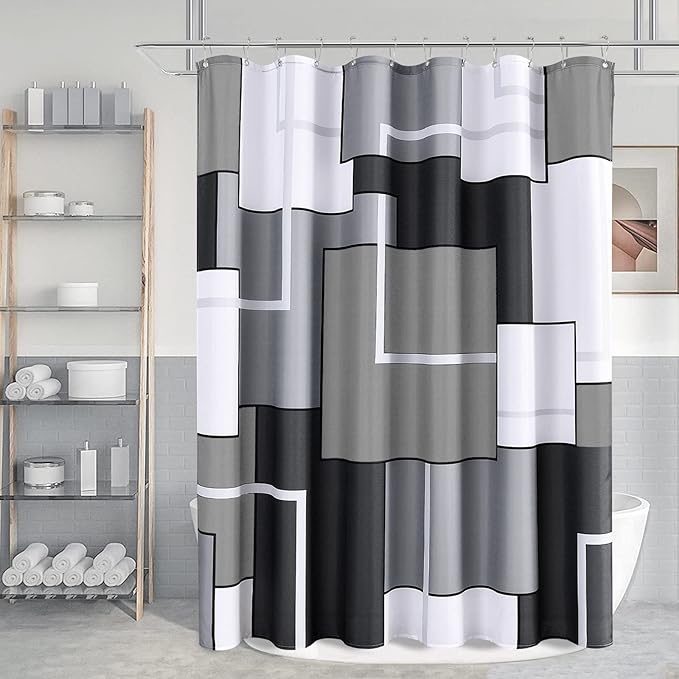 Hokibero Shower Curtain Set for Bathroom Geometric Small Shower with Heavy Duty Water Repellent White Bathroom Curtain for Hotels Bathtubs, 72x78 Grey