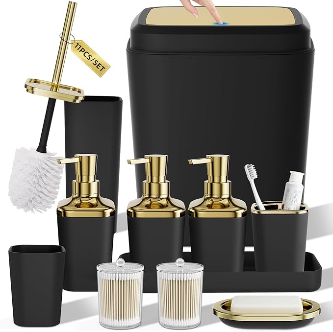 Bathroom Set — Black Bathroom Accessories Set, 11PC Bathroom Accessory Set, Black Bathroom Set with Push-lid Trash Can, 3PC Soap Dispensers, Toilet Brush & Qtip Holders