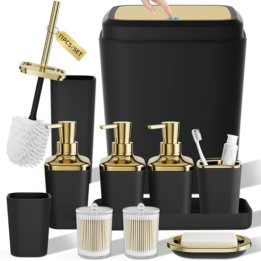 Bathroom Set — Black Bathroom Accessories Set, 11PC Bathroom Accessory Set, Black Bathroom Set with Push-lid Trash Can, 3PC Soap Dispensers, Toilet Brush & Qtip Holders