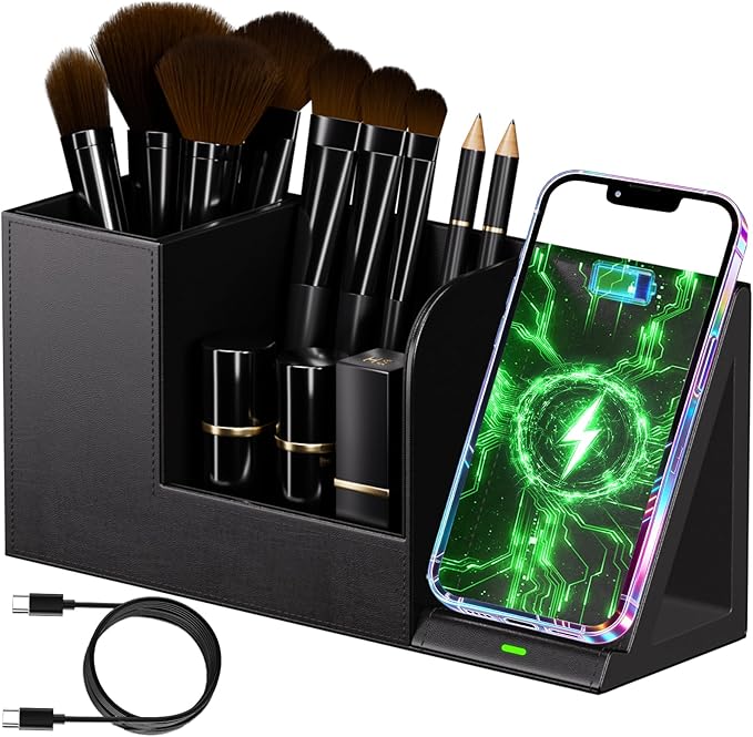 LADSTAG Makeup Brush Holder Organizer, Leather Makeup Brush Cup with Phone Charging Stand for Cosmetics, Nail Polish, Lipstick & Art Supplies ?€? Vanity Desktop Bathroom Organizer