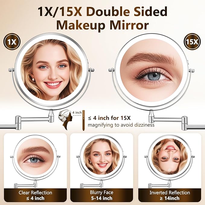 DECLUTTR Wall Mounted Lighted Makeup Mirror, Rechargeable 1X/15X Magnifying Mirror 8 Inch Double Sided, 3 Colors Vanity Mirror with Lights, Touch Dimmable 360° Rotation Foldable