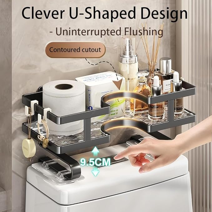 Over Toilet Storage Shelf No-Drill Floating Shelf with 3 Hooks, Easy Install Space-Saving Bathroom Organizer, Fits Most Toilets (No Block Flush Button), for Towels, Toilet Paper, Decor (Black)