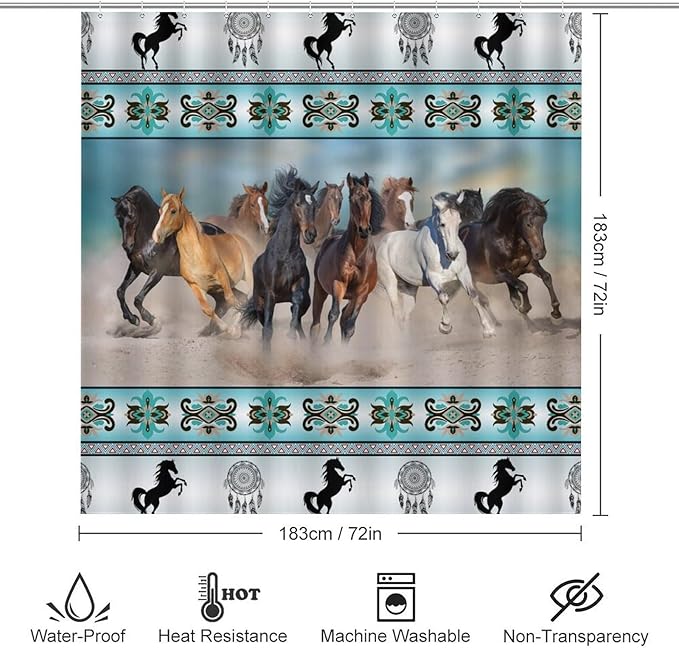 Native Americans Horse 4 Pcs Waterproof Shower Curtain Set,Abstract Tribal Farmhouse Aztec Dream Catcher Horse with Waterproof Toilet Cover Shower Mat Rugs