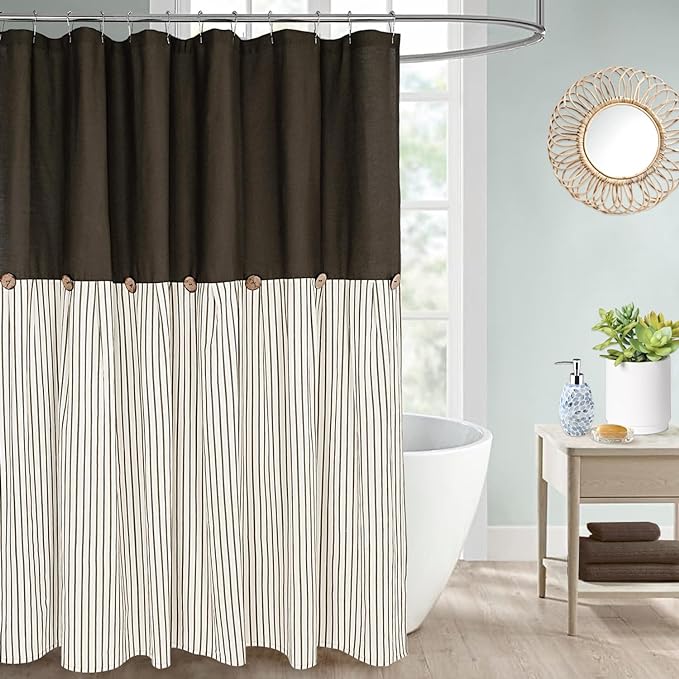 Farmhouse Shower Curtain,Beige and Brown Stripe,Button Curtain,Linen and Cotton Woven Fabric,Rustic Charm Country Chic Style,72x72 in