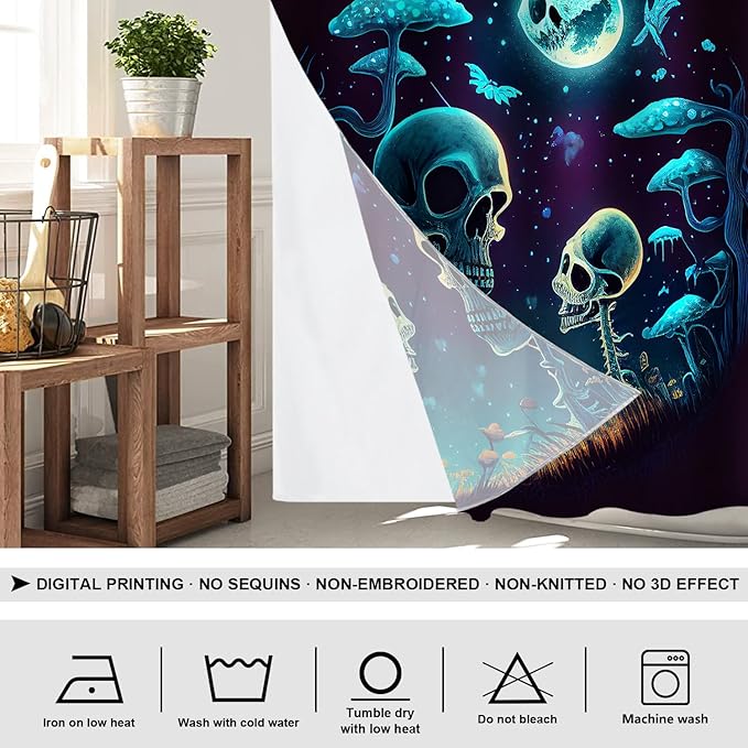 Shrahala Happy Halloween Funny No Hooks Shower Curtain with Snap in Liner Set, Skeletons Grass Mushrooms Starry Sky Bathroom Décor Polyester Fiber Waterproof for Stall Bathtubs 54 x 80 in