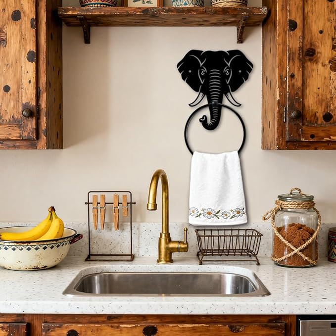 MAYJOYDIY Elephant Metal Towel Ring Round Animal Hand Towel Holder Ring Hanger Wall Mount Black Vintage Towels Wall Organizer for Kitchen Bath Home Laundry Room Decors Gifts