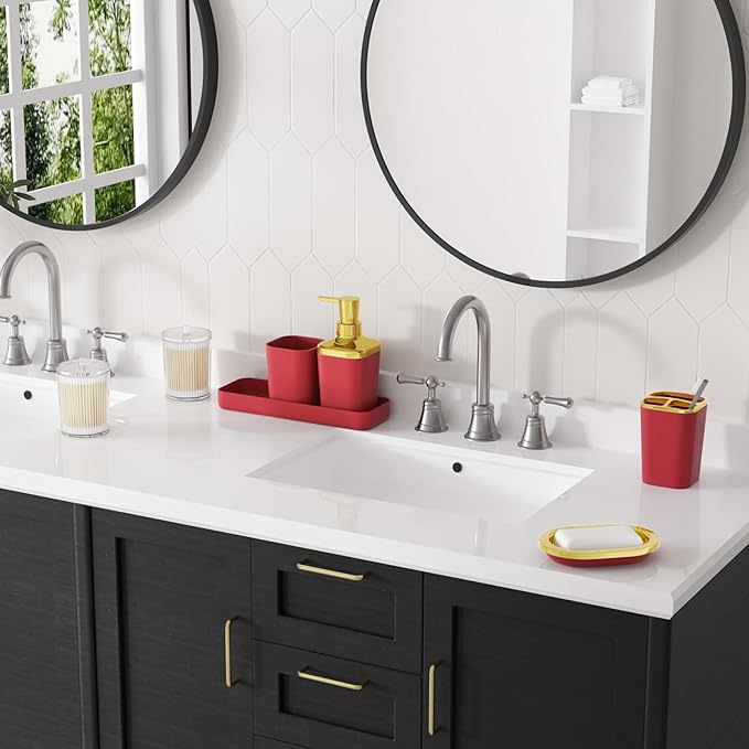 XLHOMO Burgundy Bathroom Accessories Set with Shower Curtain and Rugs, Dark Red Bathroom Accessories with Trash Can,Toothbrush Holder and Cup,Soap Dispenser,Tray,Soap Dish,Toilet Brush,Qtip Holders