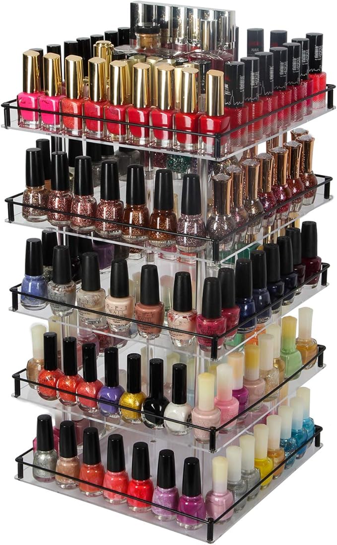 J JACKCUBE DESIGN Nail Polish Organizer, 5 Tier Acrylic 360 Rotating Display Rack Stand Makeup Cosmetics Storage Box Carousel Shelf with Black Iron Guard, Hold Up to 310 – MK302-5