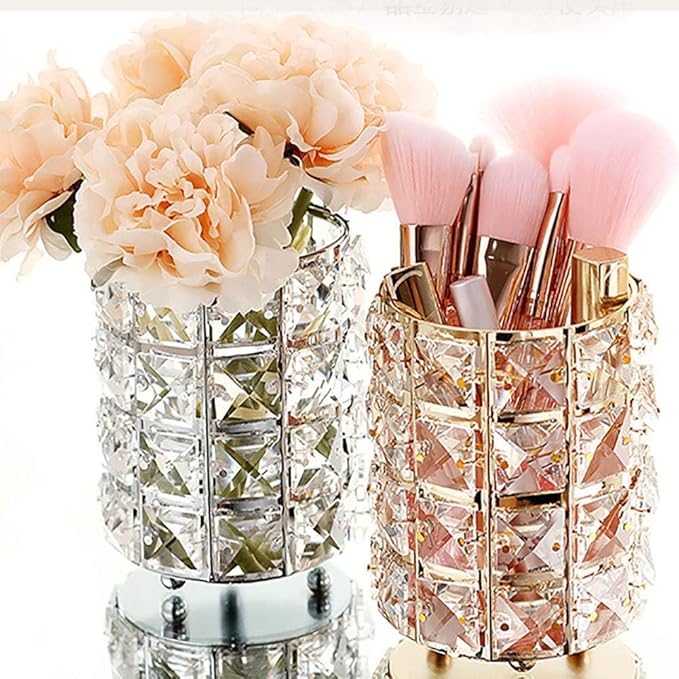 AKOAK 1 Pack Crystal Makeup Brush Holder Office Supplies Storage Rack Eyebrow Pencil/Lipstick/Pencil Makeup Container, Dressing Table, Bedroom, Office (Silver)