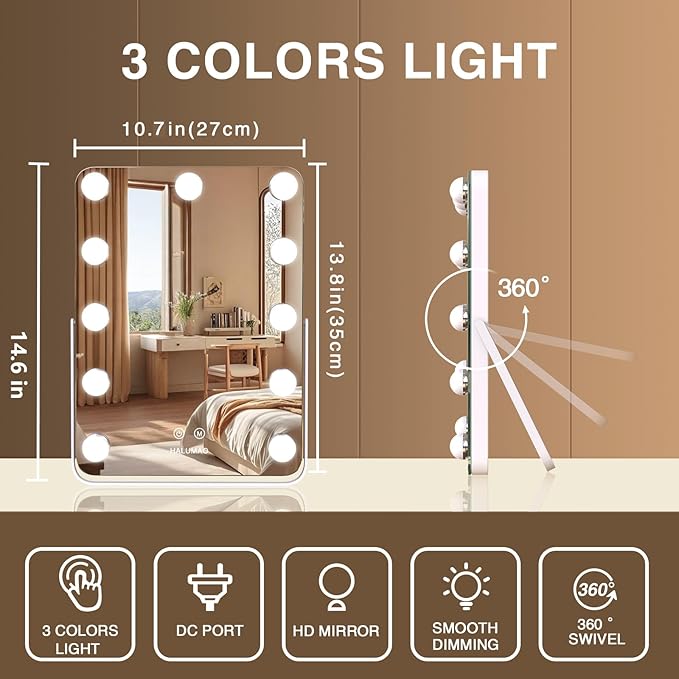halumao 14.6" Vanity/Makeup Mirror with Lights, Hollywood Mirror with 11 Dimmable LED Bulbs,3 Color Modes,Touch Control
