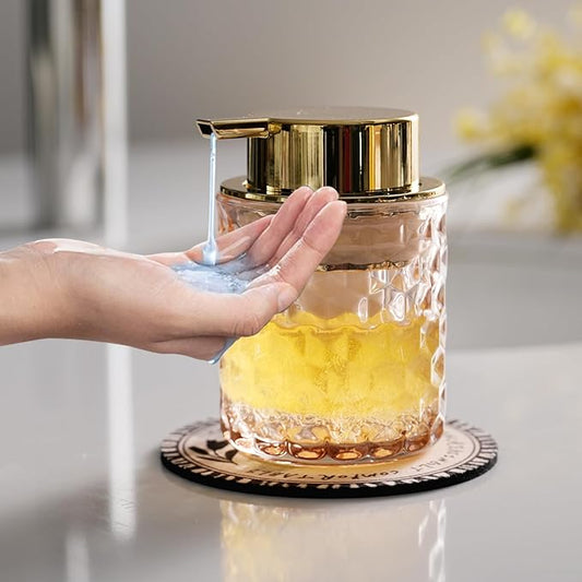 CICUFY Hand Soap Dispenser Glass, Refillable Liquid Dispenser for Bathroom & Kitchen,Lotion Dispenser with Large Gold Pump（Diamond Pattern-Pink）