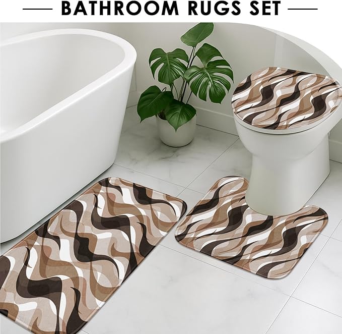 Brown Shower Curtain Set with Toilet Lid Cover and Non-Slip Rugs for Bathroom, Geometric Lines Ombre 4 Pcs Shower Curtain, Simple Abstract Modern Bathroom Set with 12 Hooks