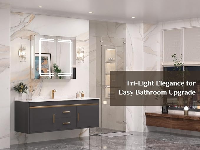Keonjinn 30 x 26 in LED Medicine Cabinet, Bathroom Mirror Medicine Cabinets with Lights, Double Doors, Tempered Glass, UL-Listed, No Outlets, Adjustable Shelves, 3 Color Lights, Wall Mount Only