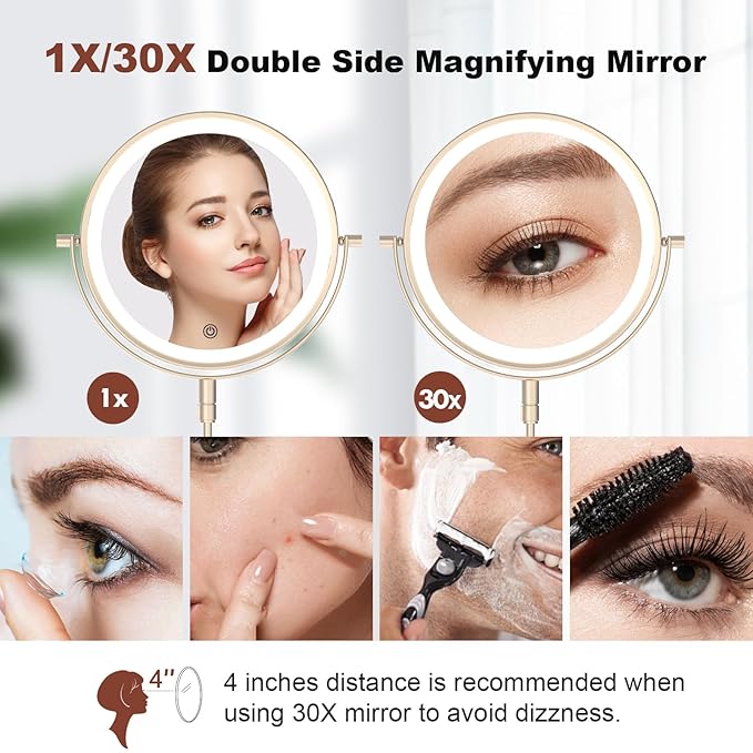 5000mAh Rechargeable Wall Mounted Makeup Mirror - 8 Inch Double Sided 1X/30X Magnifying Mirror with 3 Color Lights Dimmable Touch Screen, 360°Swivel 19.6 Inch Extendable Accordion Bathroom Mirror