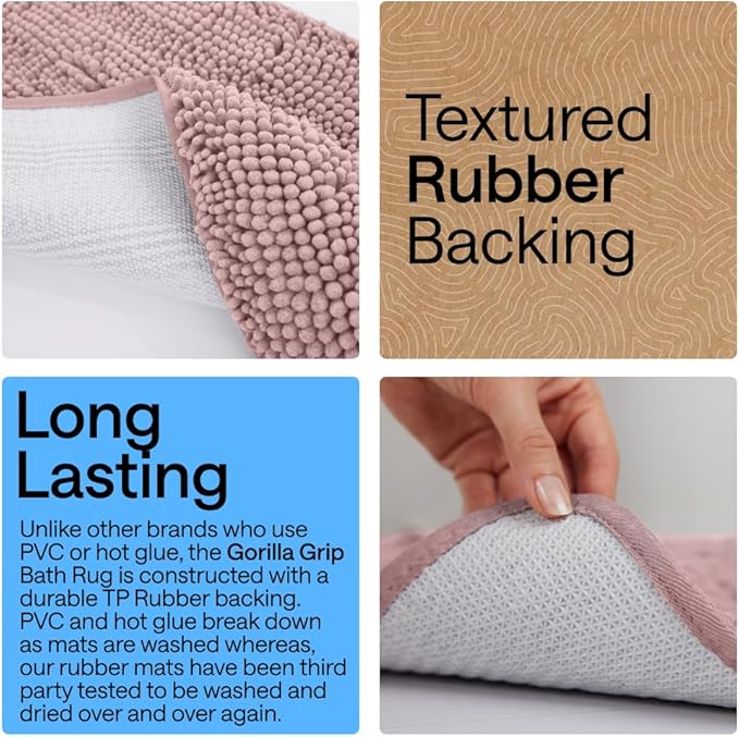 GORILLA GRIP Bath Rug Mat 60x24, Soft Absorbent Chenille, Quick Dry Microfiber Mats, Rubber Backing Washable Shower Floor Rugs, Bathmat Runner, US Designed Bathroom Home Decor Accessories Dusty Rose