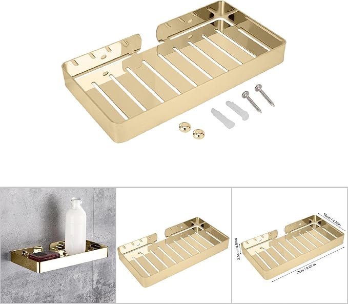 YWBL-WH Rack Wall Mount Stainless Steel Bathroom Shelf Organizer with Drain Rack 23x12cm for Shampoo Dispenser Kitchen Storage (Gold)