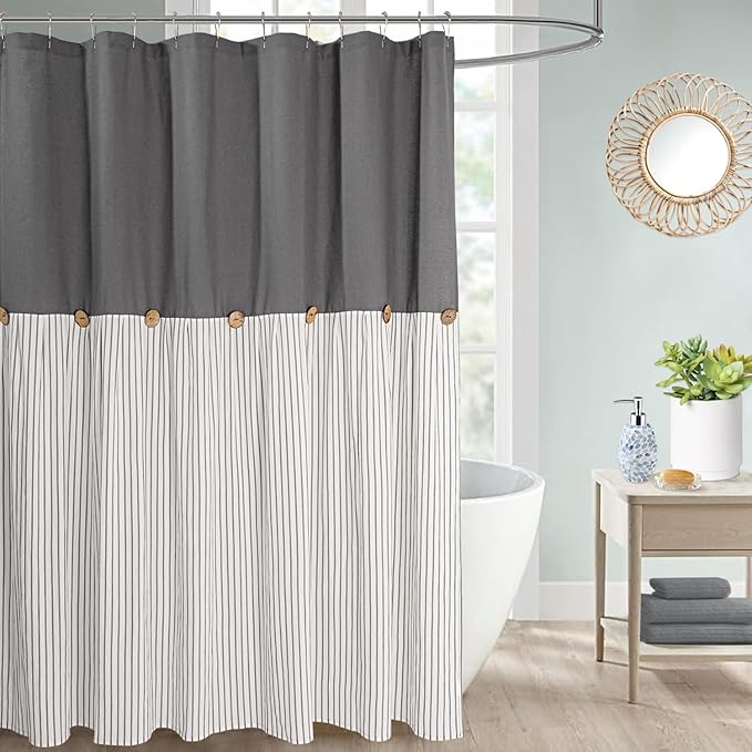 Farmhouse Shower Curtain, Beige and Gray Stripe, Button Curtain, Linen and Cotton Woven Fabric, Rustic Charm Country Chic Style, 72x72 in