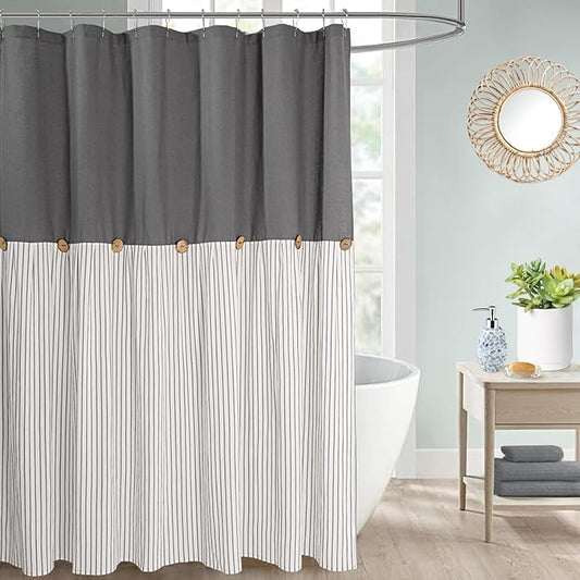 Farmhouse Shower Curtain, Beige and Gray Stripe, Button Curtain, Linen and Cotton Woven Fabric, Rustic Charm Country Chic Style, 72x72 in