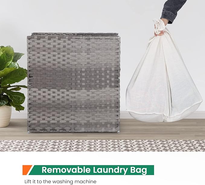 Paylesshere Laundry Basket Handwoven Laundry Hamper 90L/110L Foldable Rattan Laundry Hamper With Lid,2 Removable Liner Bags & 6 Bags,Clothes Bathroom Basket,Grey
