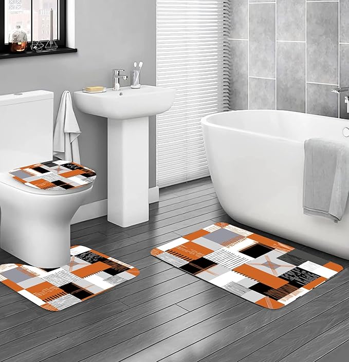 All Smiles Fall Shower Curtain Sets with Non-Slip Rugs,Toilet Lid Cover and Bath Mat, Black and Orange Bathroom Decor Set Accessories Waterproof Shower Curtains