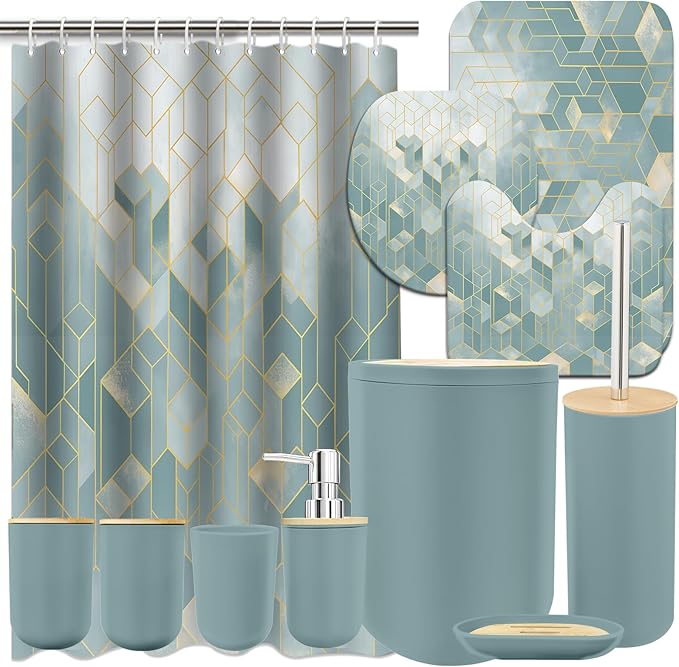 Lnond Blue Green Bathroom Set, Blue Green Abstract Cubes Bathroom Accessories Sets Complete, Luxury Restroom Set with Shower Curtain and Rugs, Trash Can, Toilet Brush Holder Set & Soap Dispenser