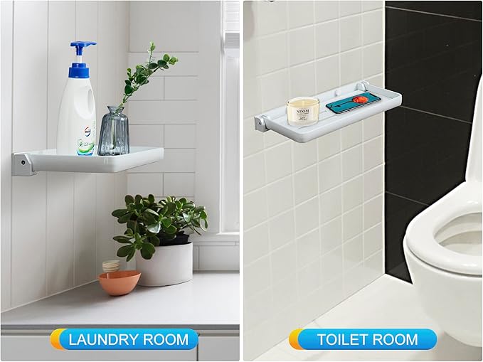 White Small Folding Wall Shelf, RV Aluminum Foldable Shelves, 90° Fold Up and Waterproof, Drop Down Floating Shelf for Kitchen, Toilet Room, Laundry Room, Small Space(2-Pack, White)