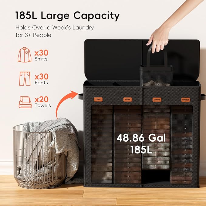 Laundry Hamper 4-Section with Lid, 185L Laundry Sorter with 4 Removable Bags + 1 Extra Large Bag, Switchable 3/4 Compartment, Laundry Basket Organizer for Bedroom, Laundry Room，Black