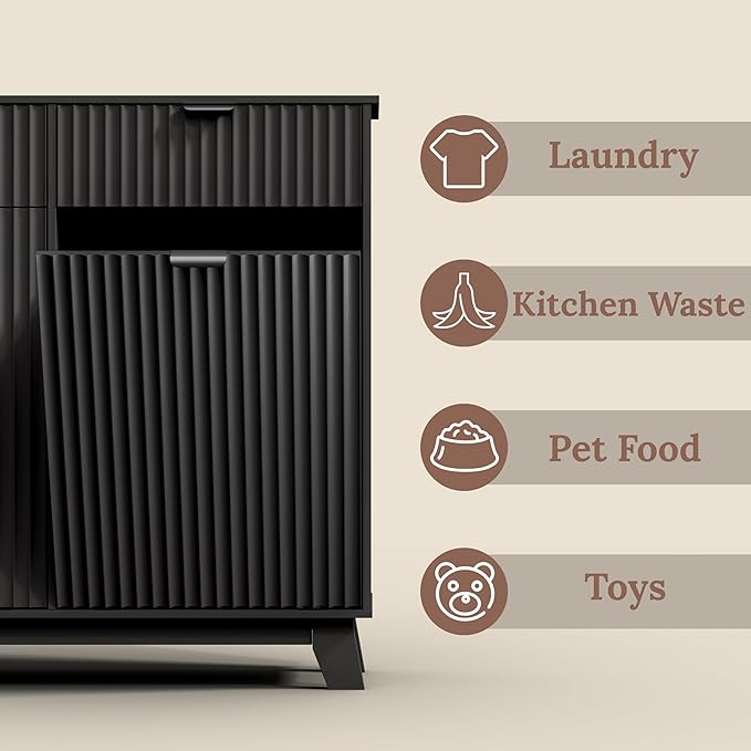 Double Tilt Out Laundry Hamper Cabinet, 20 Gallon Wooden Trash Can Cabinet with Storage Drawers, Hidden Fluted Garbage Can Holder for Kitchen, Living Room (Black, 39.34" W x 35.83" H x 13" D)